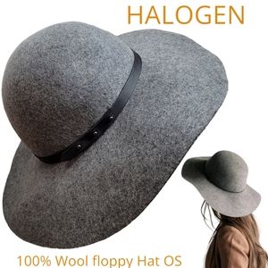 HALOGEN women's boho prep Floppy Wool Hat w faux leather trim Heathered grey 0S